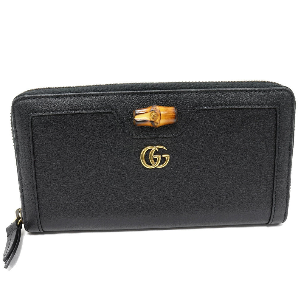Gucci Round Zip Long Wallet GG Marmont Double GG Diana Bamboo Around Calf Black - Picture 5 of 5